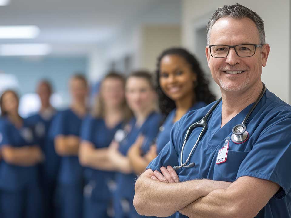 row of doctors standing in a hallway